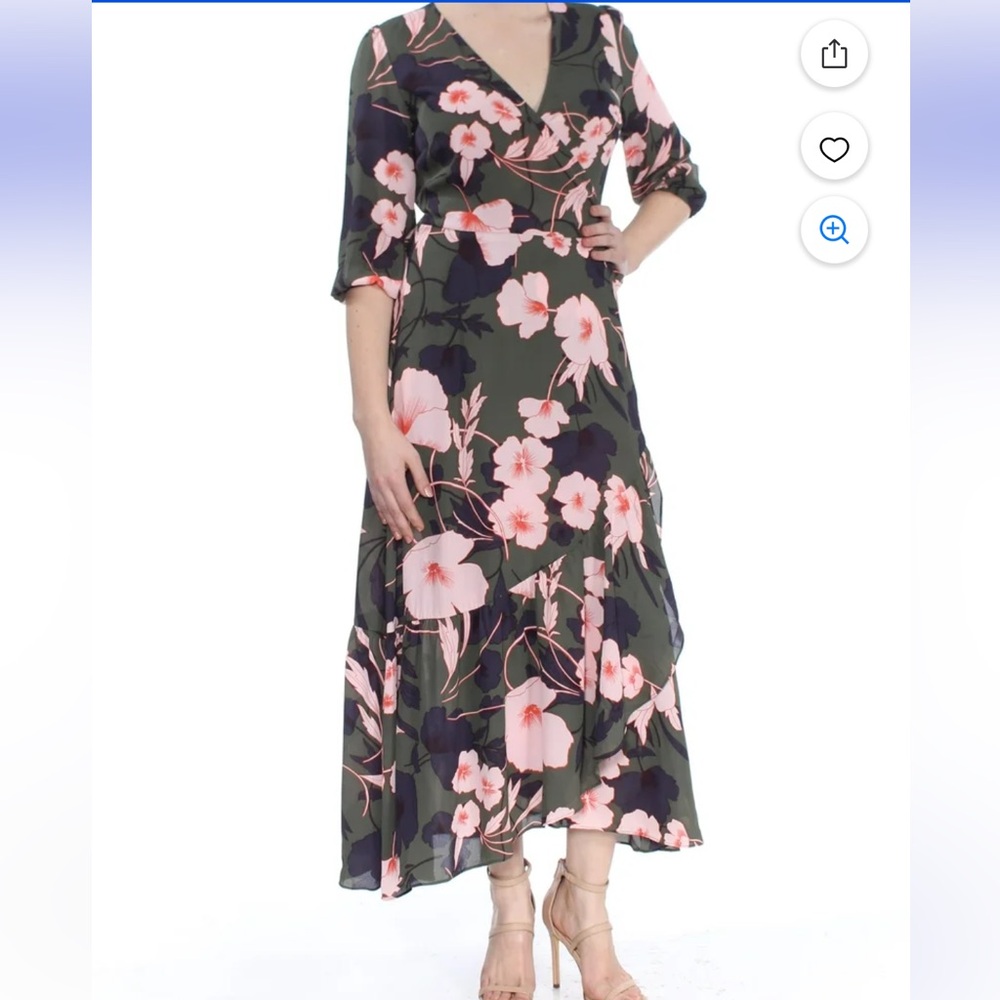 BAR III Womens Green Floral 3/4 Sleeve Tea-Length Wrap Dress